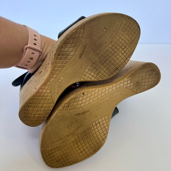 SOLD - Stuart Weizman black Patent Leather Cork Wedge Heel Sandal Oneliner - Picture 7 of 10